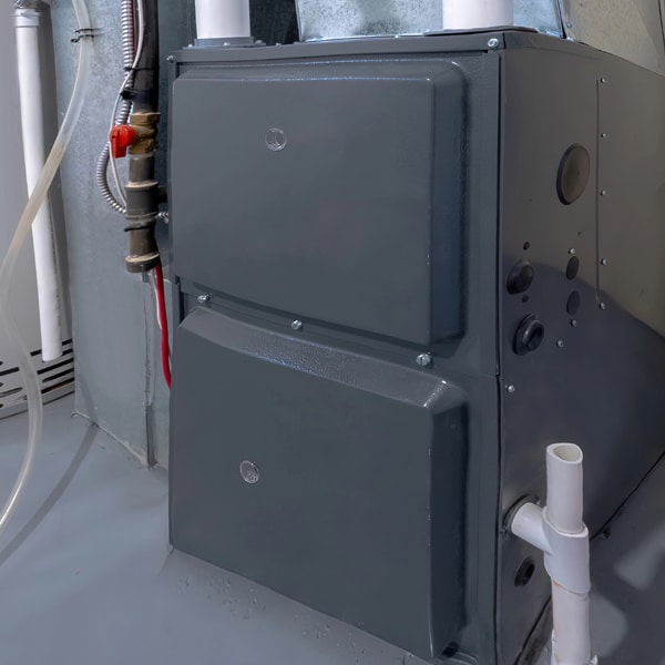 A close-up view of a gray residential furnace in a basement, with visible pipes and wiring connected to the unit. The furnace is installed on a clean, painted concrete floor.