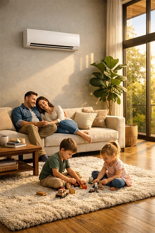 mini-split A smiling couple sits on a beige sofa under an air conditioner, while two young children play with toys on a fluffy white rug in a sunlit living room with wooden floors and large windows.