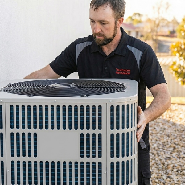 A technician in a black polo shirt labeled Touchstone Mechanical installs or services a large outdoor air conditioning unit beside a building.
